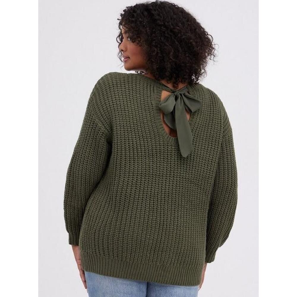 Torrid Womens‎ Sweater Sz 0 L 12 Olive Green Cable Tie Back Thick Bow